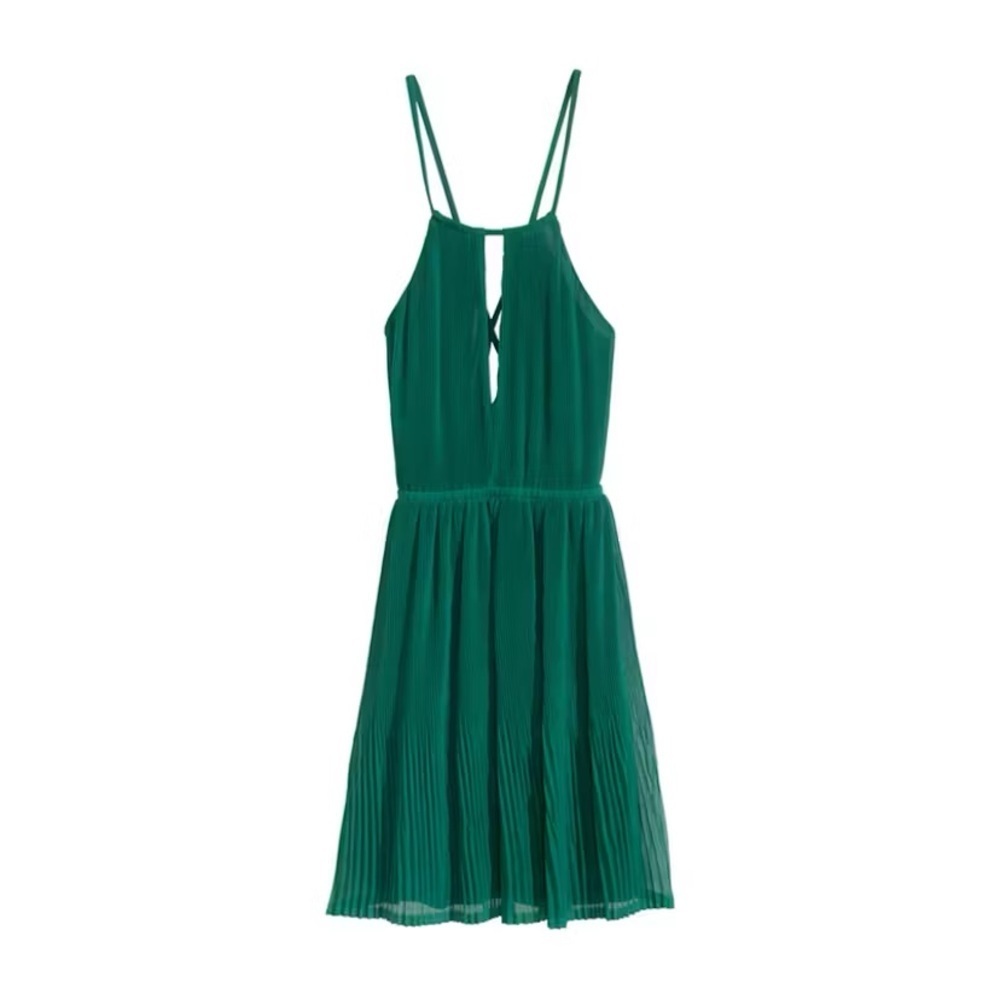 H&M Emerald Green Chiffon Pleated Halter Mini Dress - Picture 3 of 7